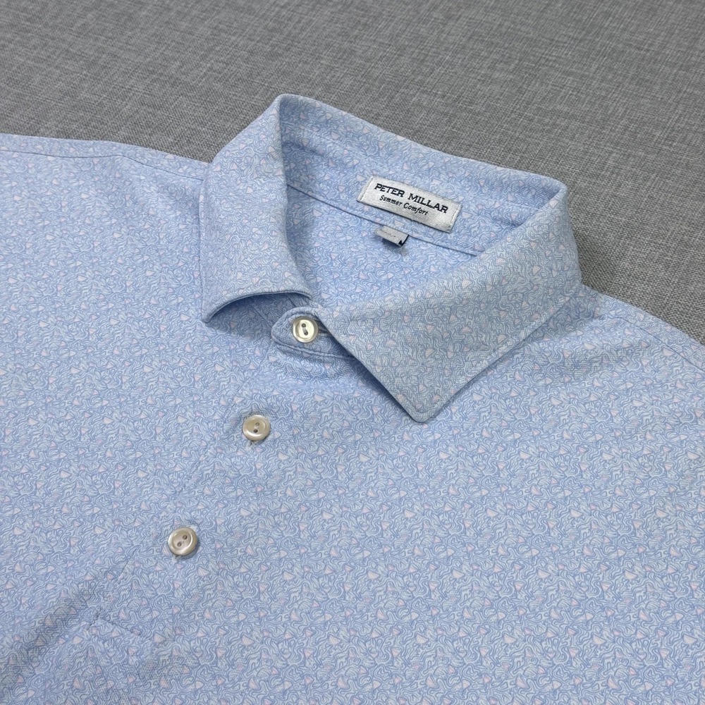 Peter Millar Summer Comfort Golf Pinkies Up Polo Shirt Mens M Blue Performance